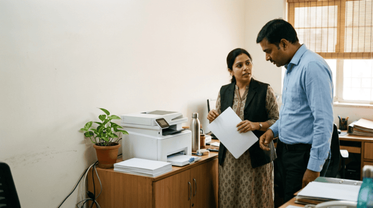 An office administrator and a partner standing beside a compact all-in-one printer on a wooden cabinet in a small Indian business office