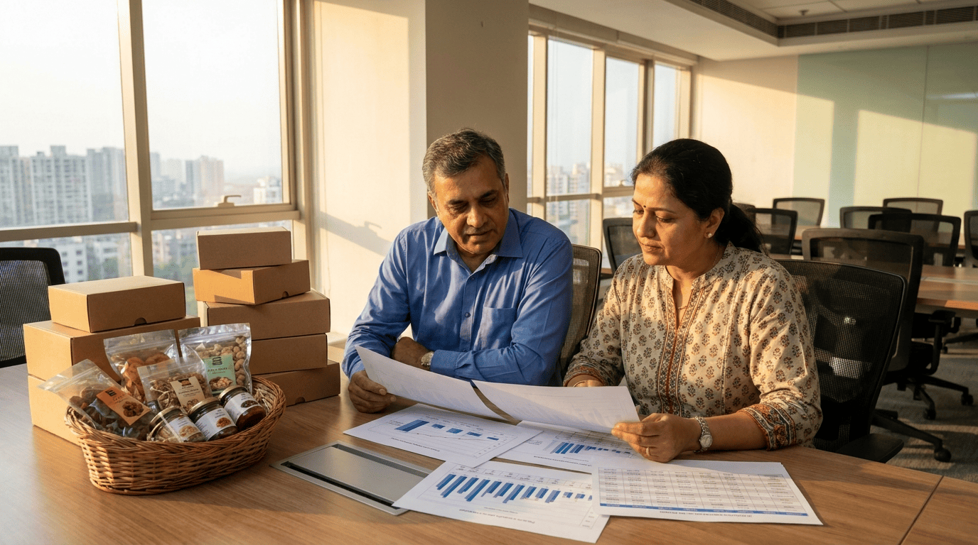 A finance manager and an HR head review printed vendor quotes beside corporate gift boxes and a hamper in a Navi Mumbai office