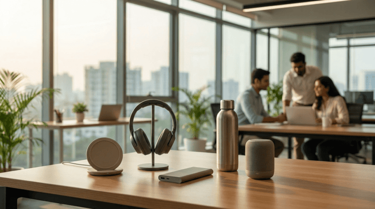 A desk of premium corporate tech gifts employees actually keep: wireless charger, headphones, power bank, steel bottle and a speaker, in a Navi Mumbai office