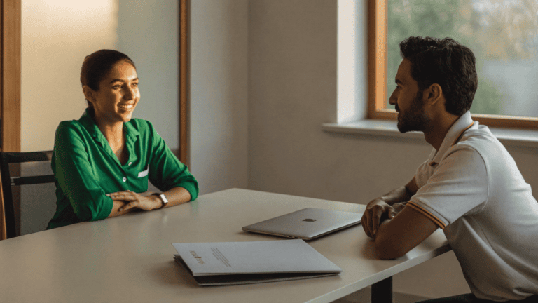 HR manager explaining a CTC device leasing benefit to a young employee across a table with a laptop, in a Navi Mumbai office