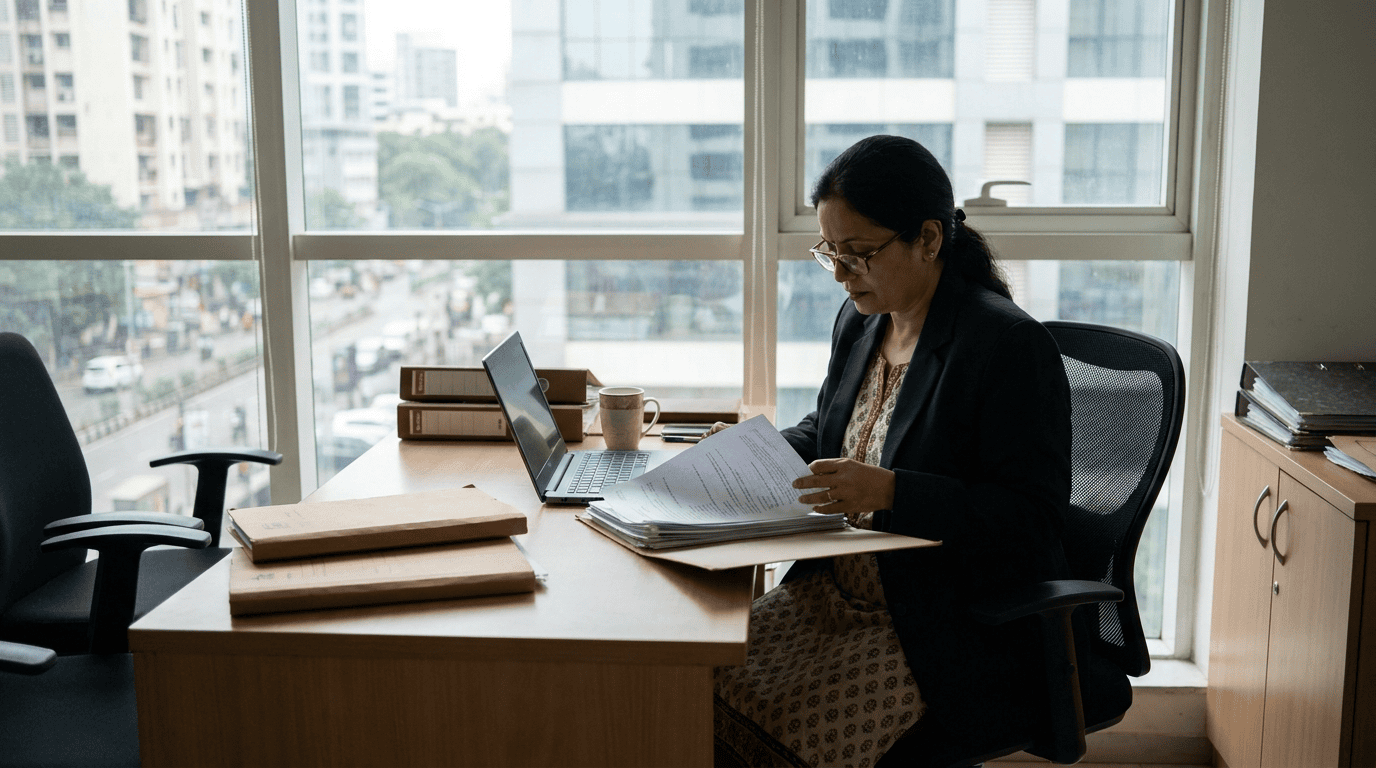 Compliance officer at an Indian NBFC reviewing documents and a laptop during a data breach cost investigation