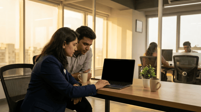 A Sirius Star security consultant sits with a mid-size company founder at a laptop, walking him through data loss prevention in a Navi Mumbai office