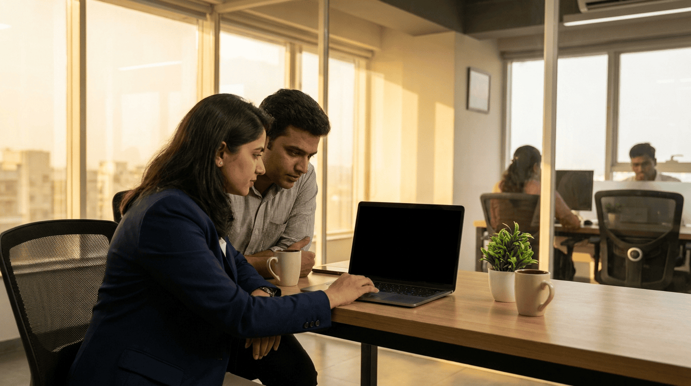 A Sirius Star security consultant sits with a mid-size company founder at a laptop, walking him through data loss prevention in a Navi Mumbai office