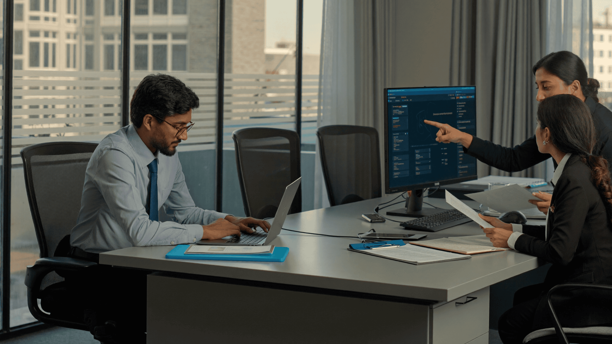 IT lead and auditor reviewing data access records on screen during a compliance audit at an Indian mid-size company office
