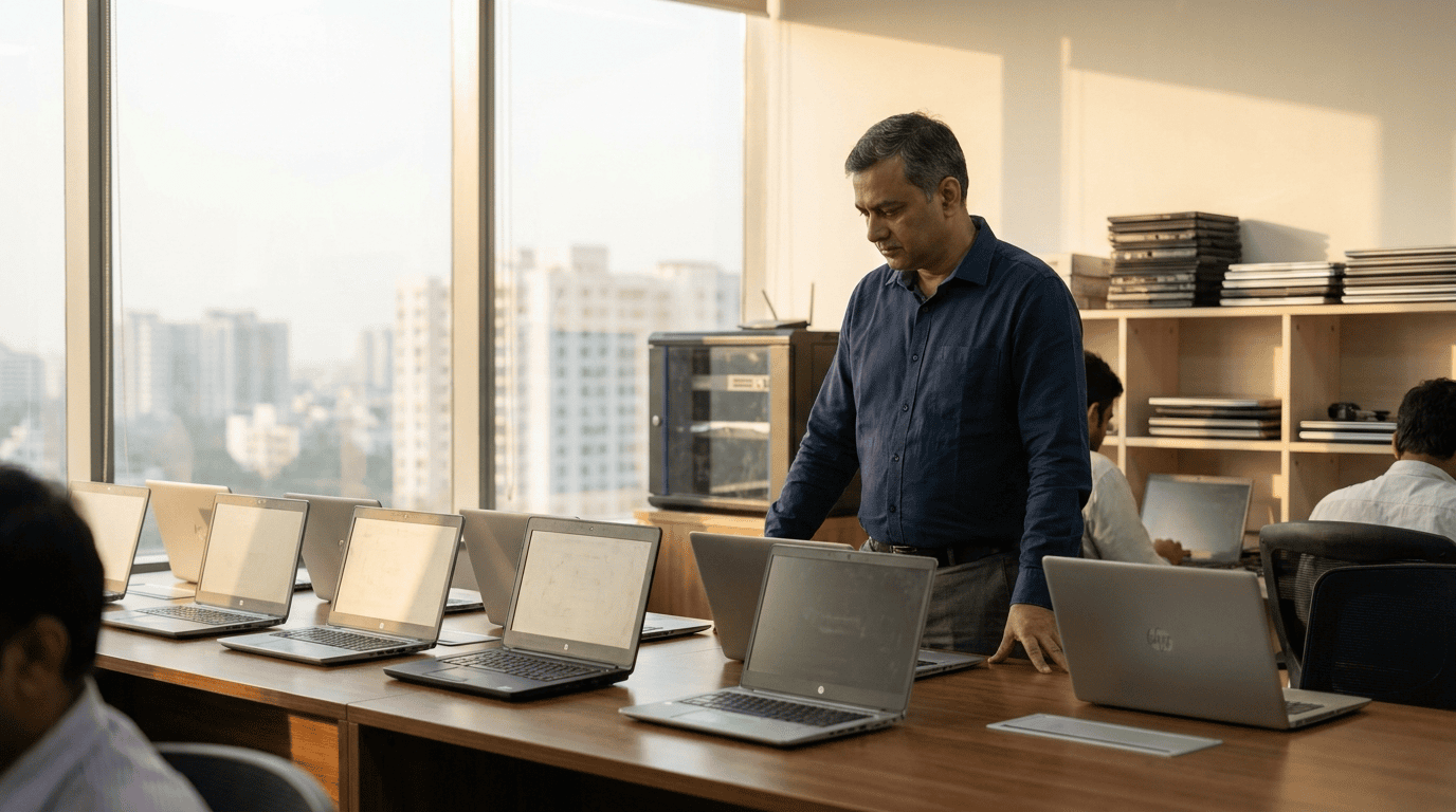 An IT manager in a Navi Mumbai office reviewing a row of open business laptops before a bulk corporate order
