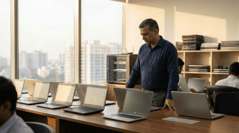 An IT manager reviewing a row of open company laptops during a device fleet health check in an Indian office