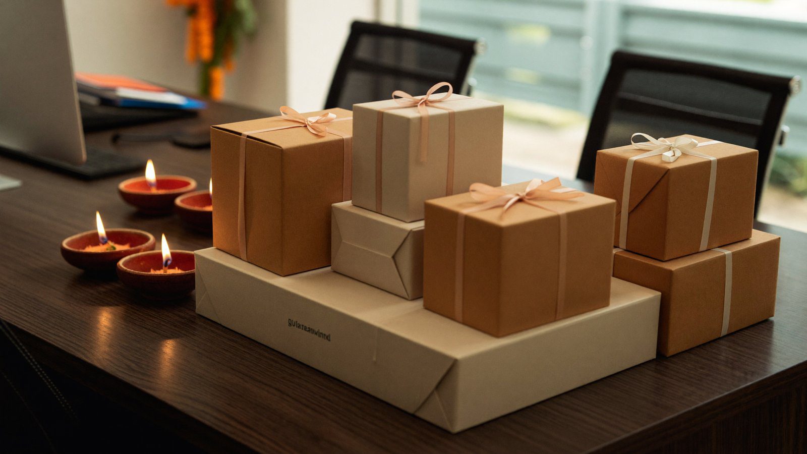 Branded Diwali gift boxes stacked and ready for dispatch on an Indian office desk during the festive season