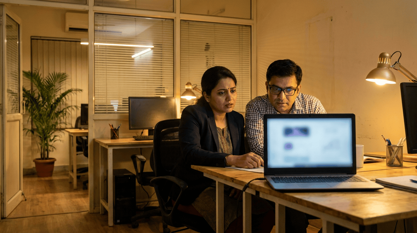 A security consultant and an operations manager at a small Indian firm study a laptop late in the evening, working out whether their under-100-person company needs DLP