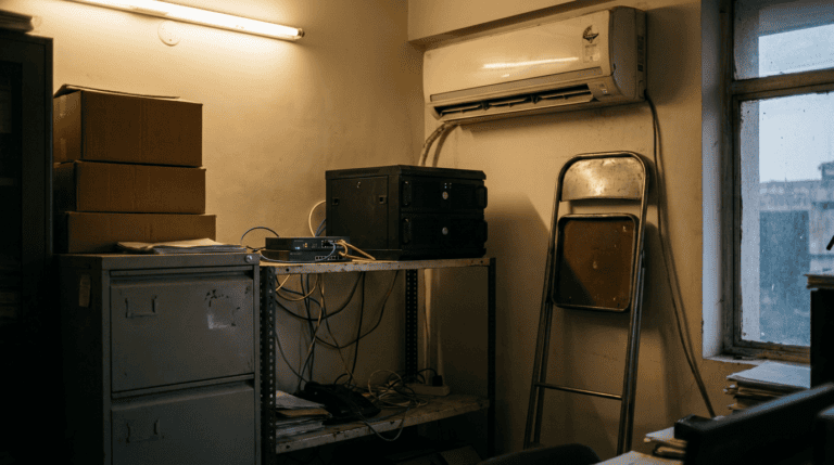 A small business server and network switch on a metal shelf in the corner of an Indian office, beside a filing cabinet and stacked boxes