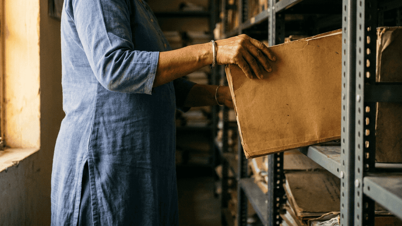 Hands of a records clerk at an Indian insurance back office lifting a plain file folder out of a grey metal storage rack