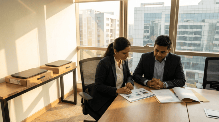 HR and finance managers reviewing a laptop catalogue and benefits folder to set up an employee purchase programme in a Navi Mumbai office