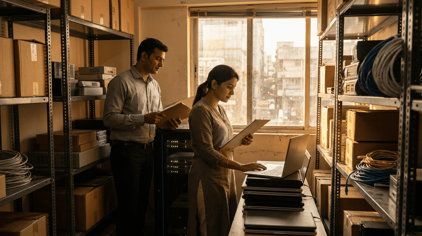 IT lead reviews a stack of business laptops against a year-end audit clipboard while a finance manager checks the asset folder in an Indian office store room