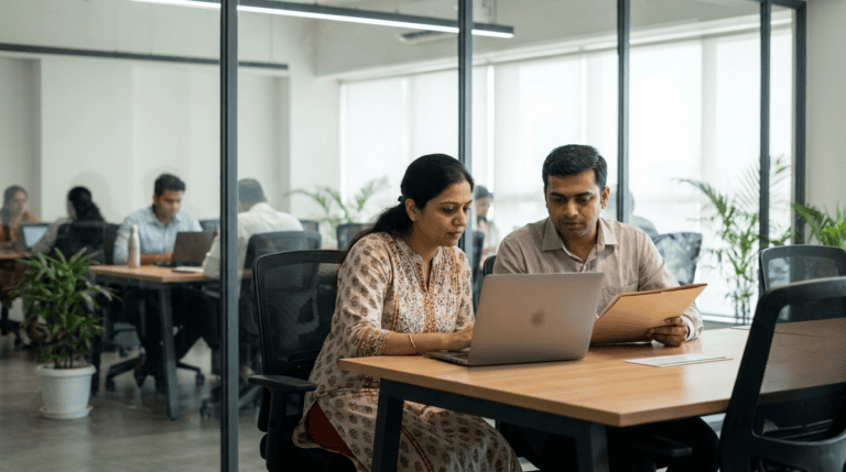 An IT security consultant and an insurance operations manager reviewing an endpoint protection checklist on a laptop during an IRDAI IT compliance review in a Navi Mumbai office