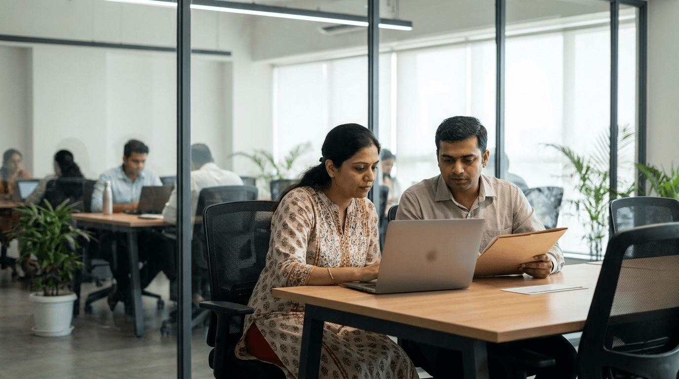 An IT security consultant and an insurance operations manager reviewing an endpoint protection checklist on a laptop during an IRDAI IT compliance review in a Navi Mumbai office