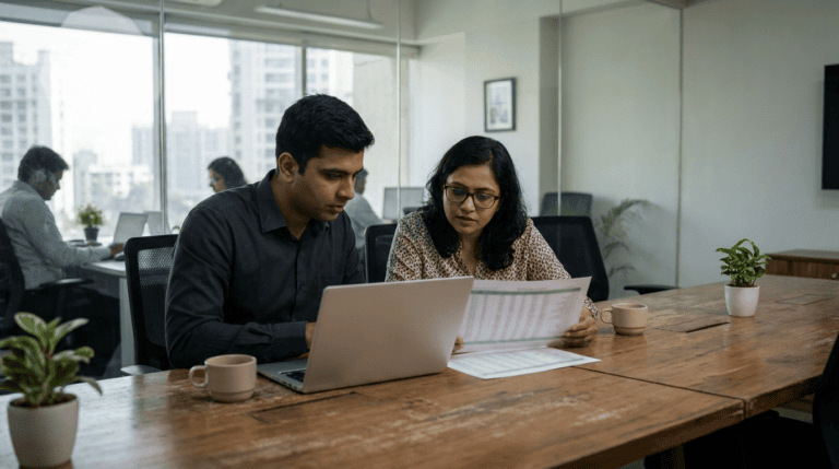 A CFO and an IT advisor review a printed IT budget spreadsheet together in a Mumbai office