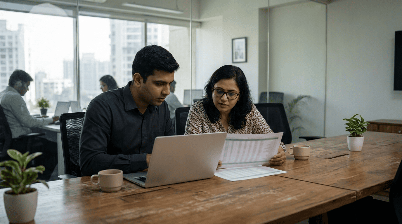 A CFO and an IT advisor review a printed IT budget spreadsheet together in a Mumbai office