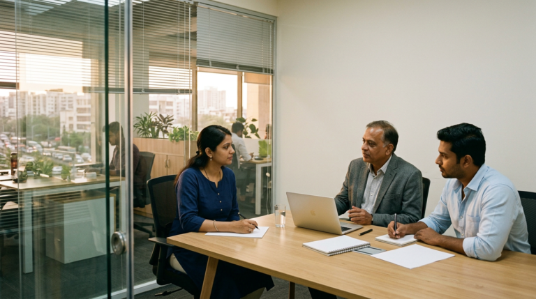 A finance lead sitting across from an MD and an IT manager in a small glass meeting room, working through what a Microsoft 365 subscription actually protects