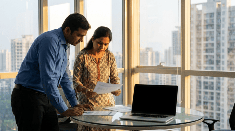 An IT consultant and a finance manager review a printed Microsoft 365 licence usage report together in a Navi Mumbai office