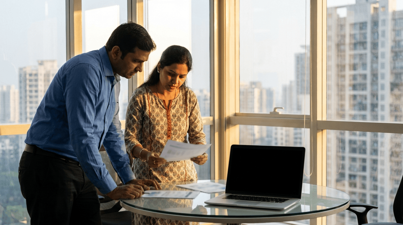 An IT consultant and a finance manager review a printed Microsoft 365 licence usage report together in a Navi Mumbai office