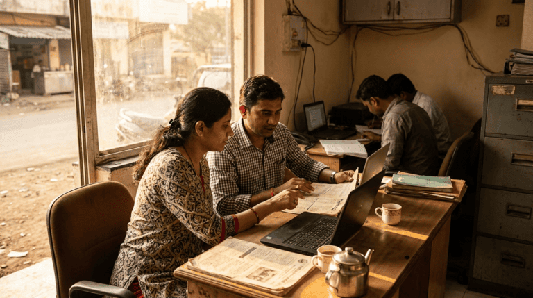A finance lead and a small business founder sit with two laptops and a printed invoice, working out which Microsoft 365 plan fits their team