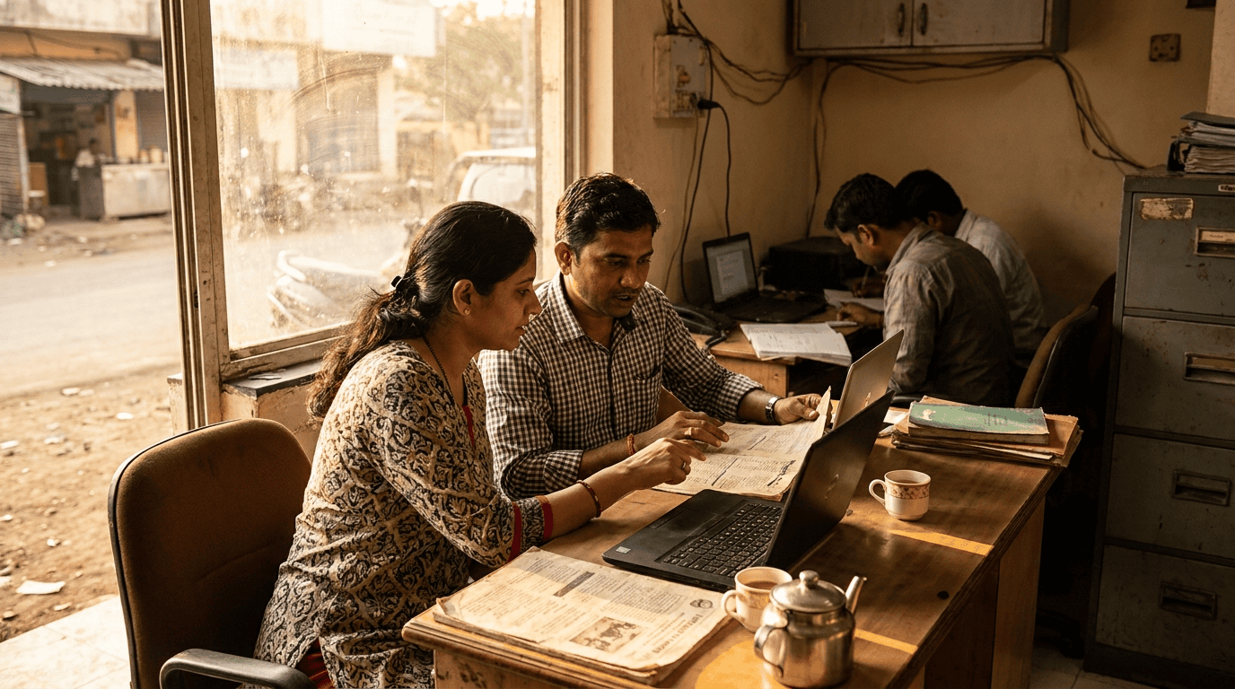A finance lead and a small business founder in a Navi Mumbai office compare Microsoft 365 for small business plans on two laptops with a printed quote