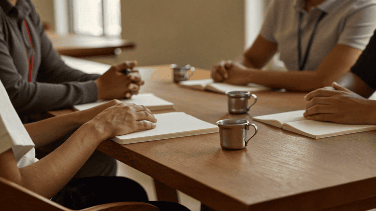 Hands of four new joiners resting on plain notebooks at an induction table in an Indian office, steel chai tumblers beside them