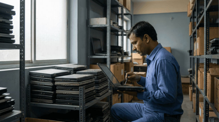 IT technician inspecting stacks of old office laptops on metal shelves before secure data wipe and disposal