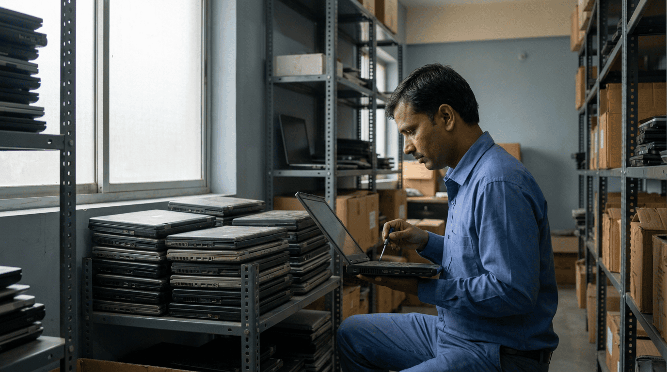 IT technician inspecting stacks of old office laptops on metal shelves before secure data wipe and disposal