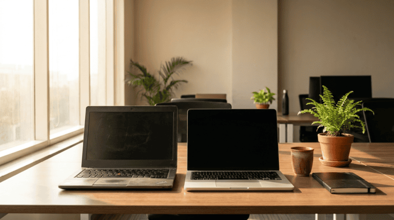 An older and a newer business laptop closed side by side on a wooden office desk near a window, with a chai cup and a notebook, as a procurement decision is weighed