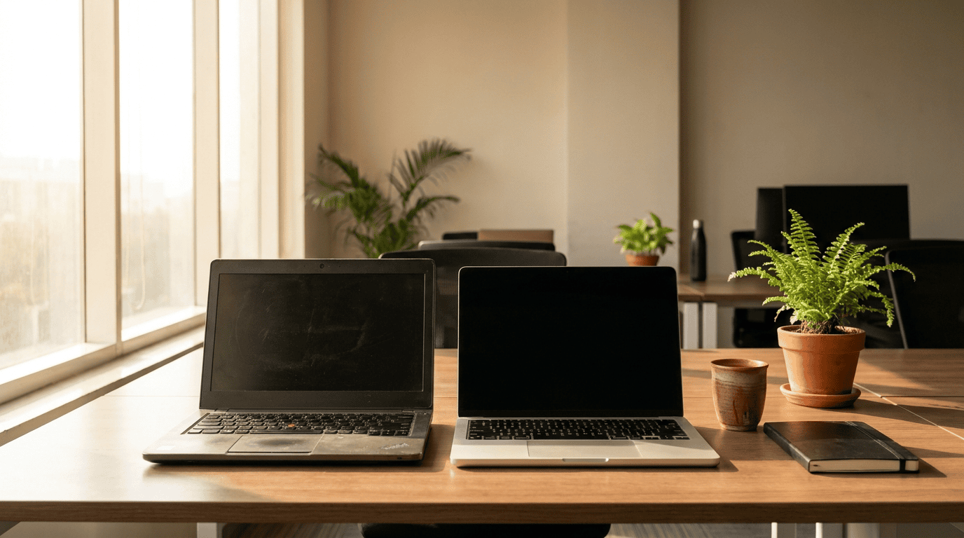 An older and a newer business laptop closed side by side on a wooden office desk near a window, with a chai cup and a notebook, as a procurement decision is weighed