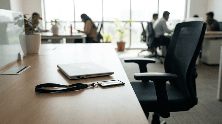 An empty office desk in an Indian company with a returned employee laptop and blank ID lanyard, colleagues working in the background