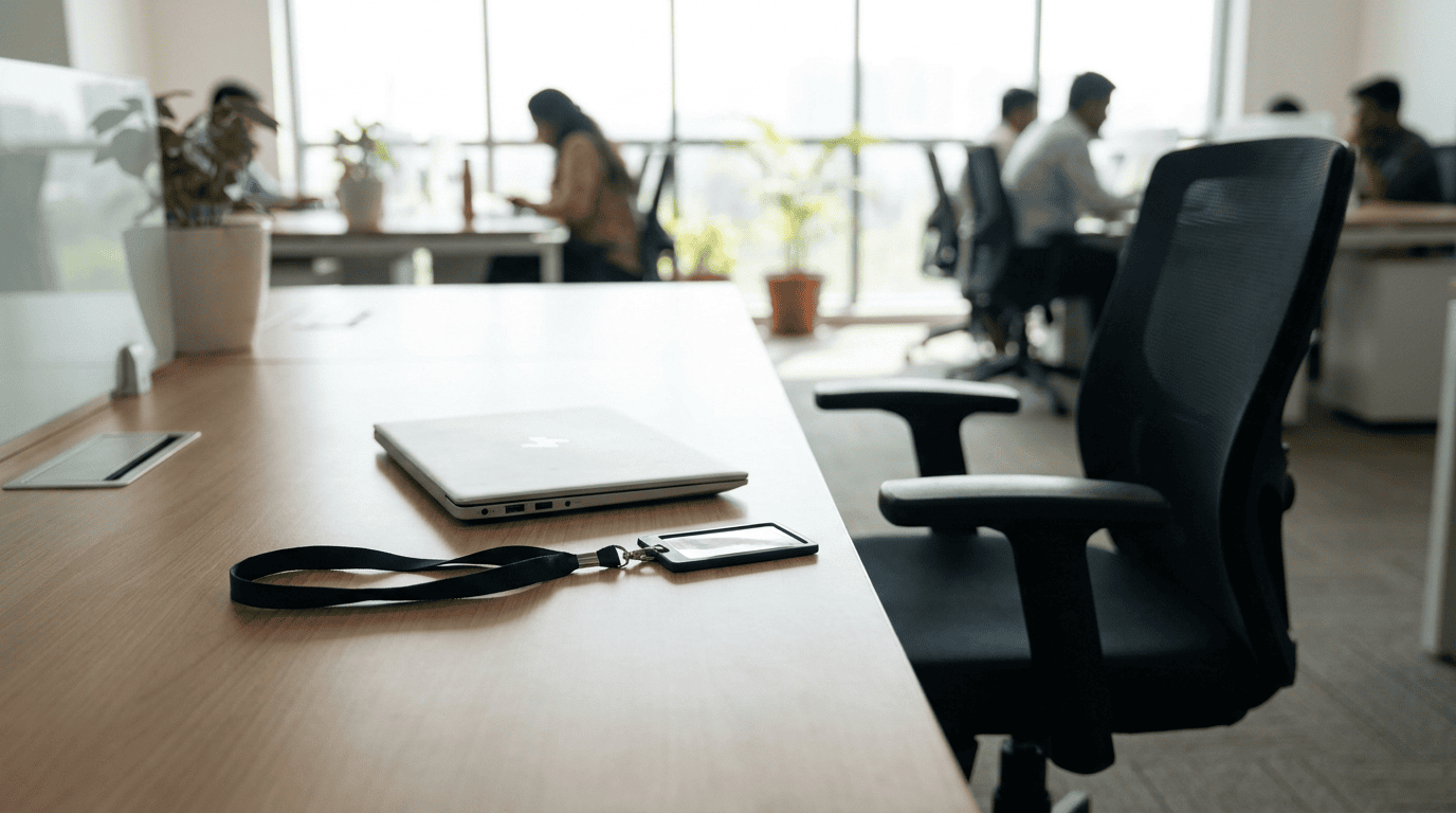 An empty office desk in an Indian company with a returned employee laptop and blank ID lanyard, colleagues working in the background