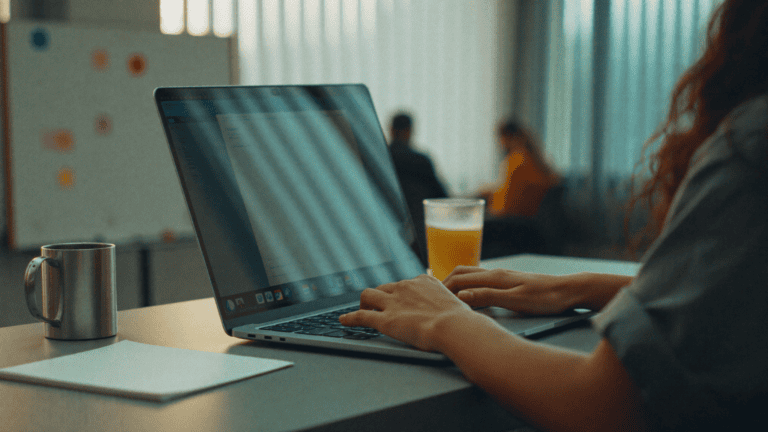 Hands on a laptop keyboard in an Indian open-plan office, the screen turned away and out of frame, a steel chai tumbler beside the machine