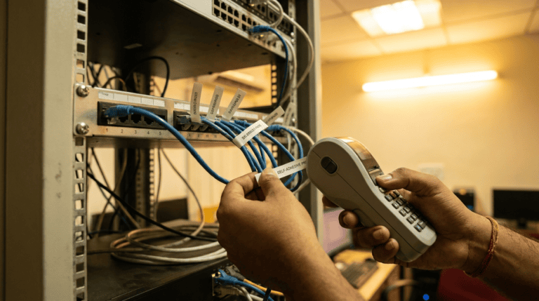 Hands using a handheld label printer to label network cables in an Indian office server rack. Sirius Star.