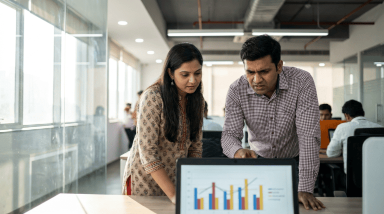Two colleagues reviewing a cloud cost chart on a laptop in an Indian office. Sirius Star.