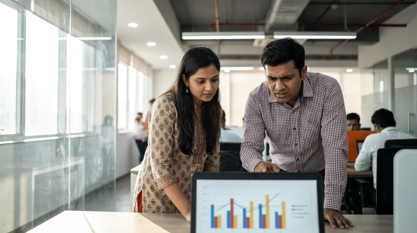 Two colleagues reviewing a cloud cost chart on a laptop in an Indian office. Sirius Star.