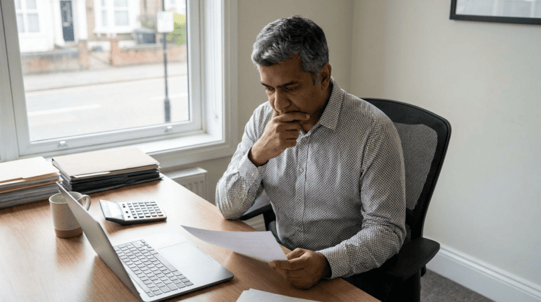 An Indian finance professional reviewing an invoice beside a laptop. Sirius Star.