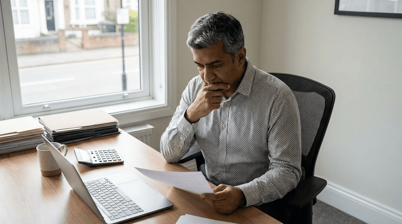 An Indian finance professional reviewing an invoice beside a laptop. Sirius Star.