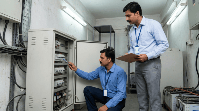 A technician and a bank official checking a power panel in an Indian bank branch equipment room. Sirius Star.