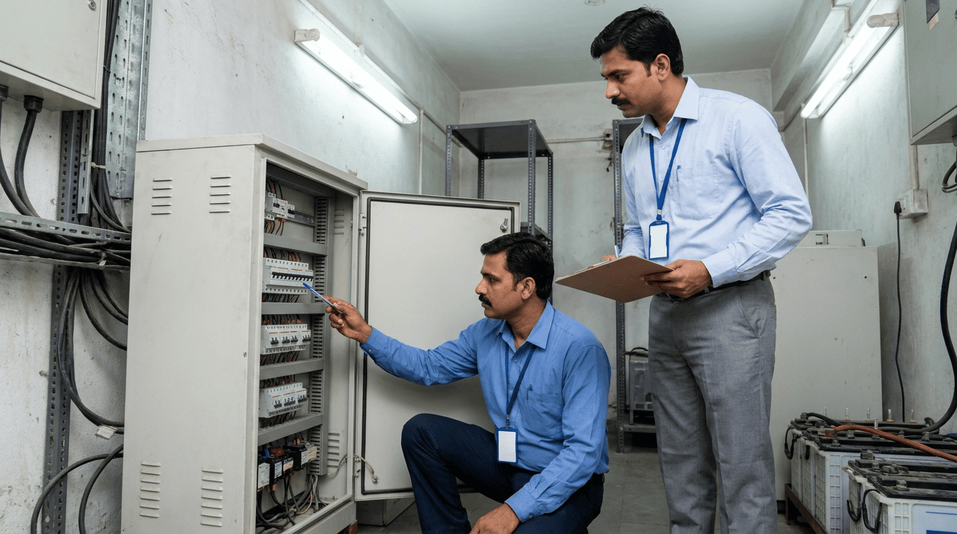 A technician and a bank official checking a power panel in an Indian bank branch equipment room. Sirius Star.