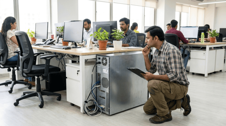 A technician with a clipboard checking equipment in an open-plan Indian office. Sirius Star.