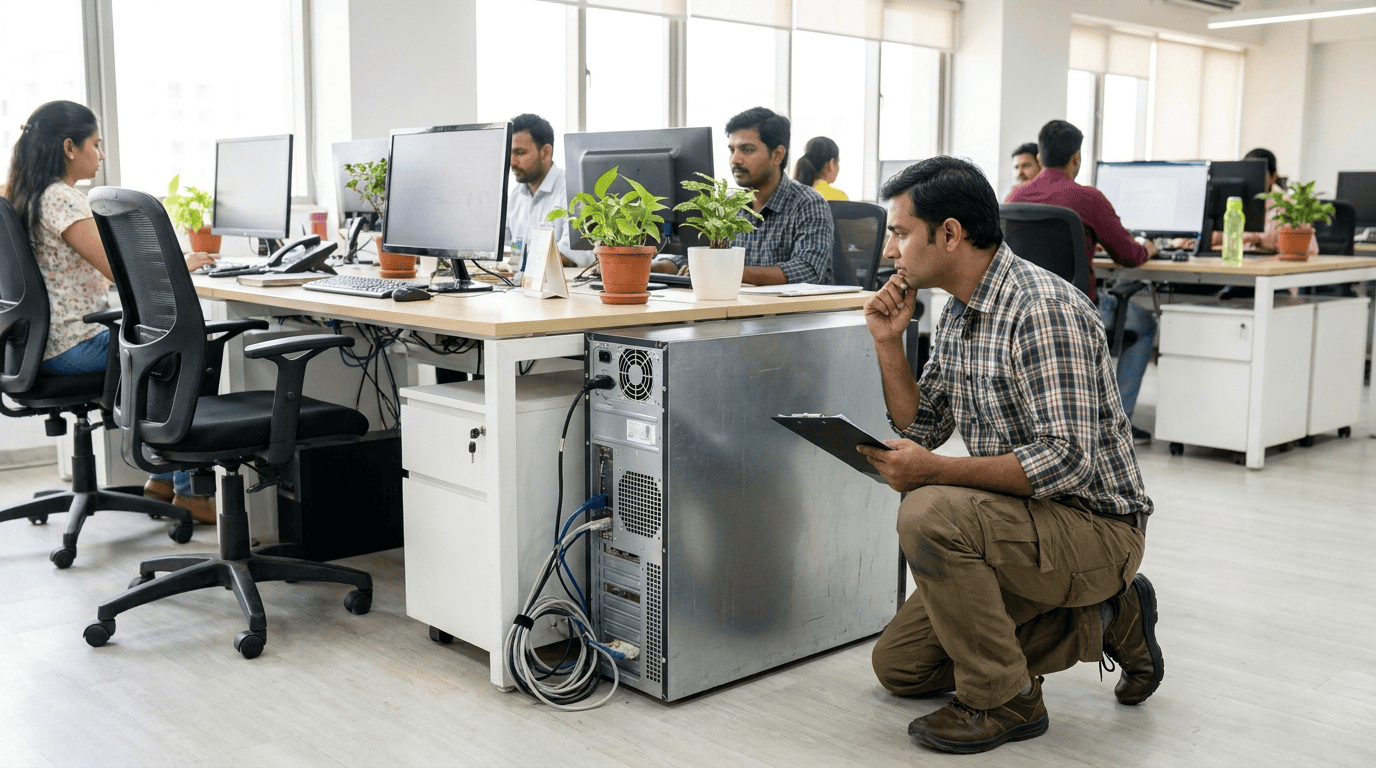 A technician with a clipboard checking equipment in an open-plan Indian office. Sirius Star.