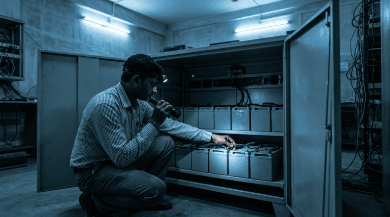 A technician inspecting UPS batteries in an open battery cabinet in an Indian server room. Sirius Star.