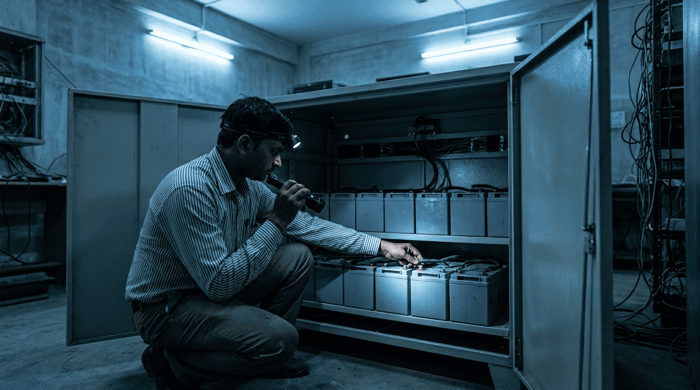A technician inspecting UPS batteries in an open battery cabinet in an Indian server room. Sirius Star.