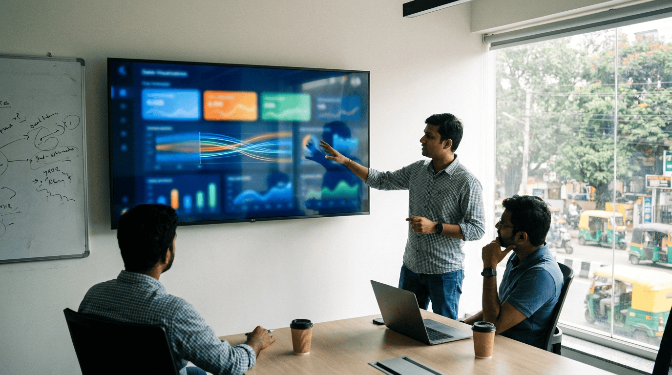 A small team reviewing a security dashboard on a screen in a Bengaluru office meeting room. Sirius Star.