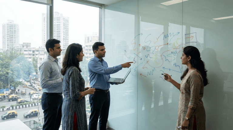 Professionals comparing options on a glass whiteboard in a Mumbai financial-services office. Sirius Star.