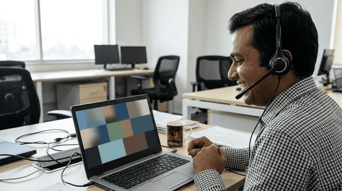 An IT manager on a video call at a desk in an Indian fintech office. Sirius Star.