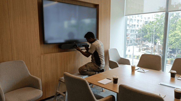 A technician mounting a video-conferencing camera bar in a modern Indian meeting room. Sirius Star.