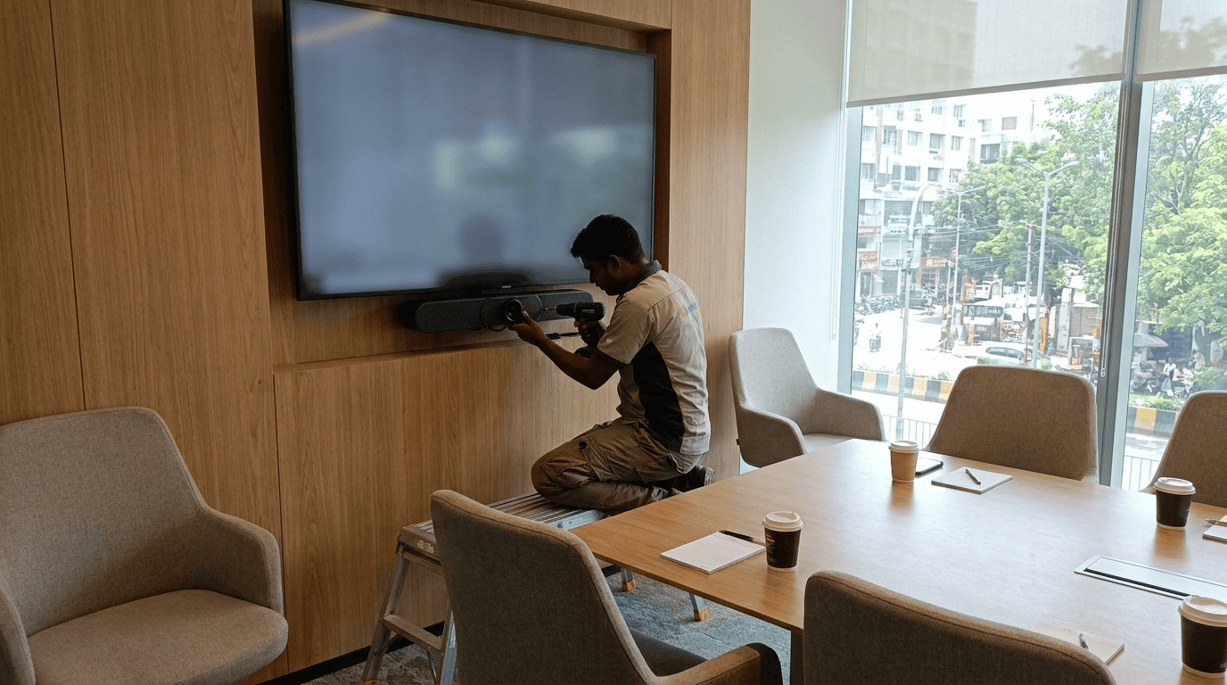 A technician mounting a video-conferencing camera bar in a modern Indian meeting room. Sirius Star.