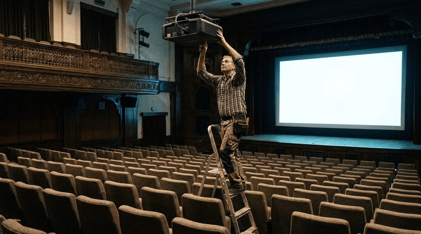 A technician adjusting a ceiling projector in a large Indian auditorium. Sirius Star.